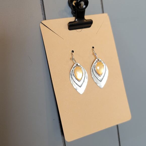 Amber Orange Cabochon Teardrop Dangle Earrings Silver Tone Leaf w/ Gift Bag - Picture 4 of 7